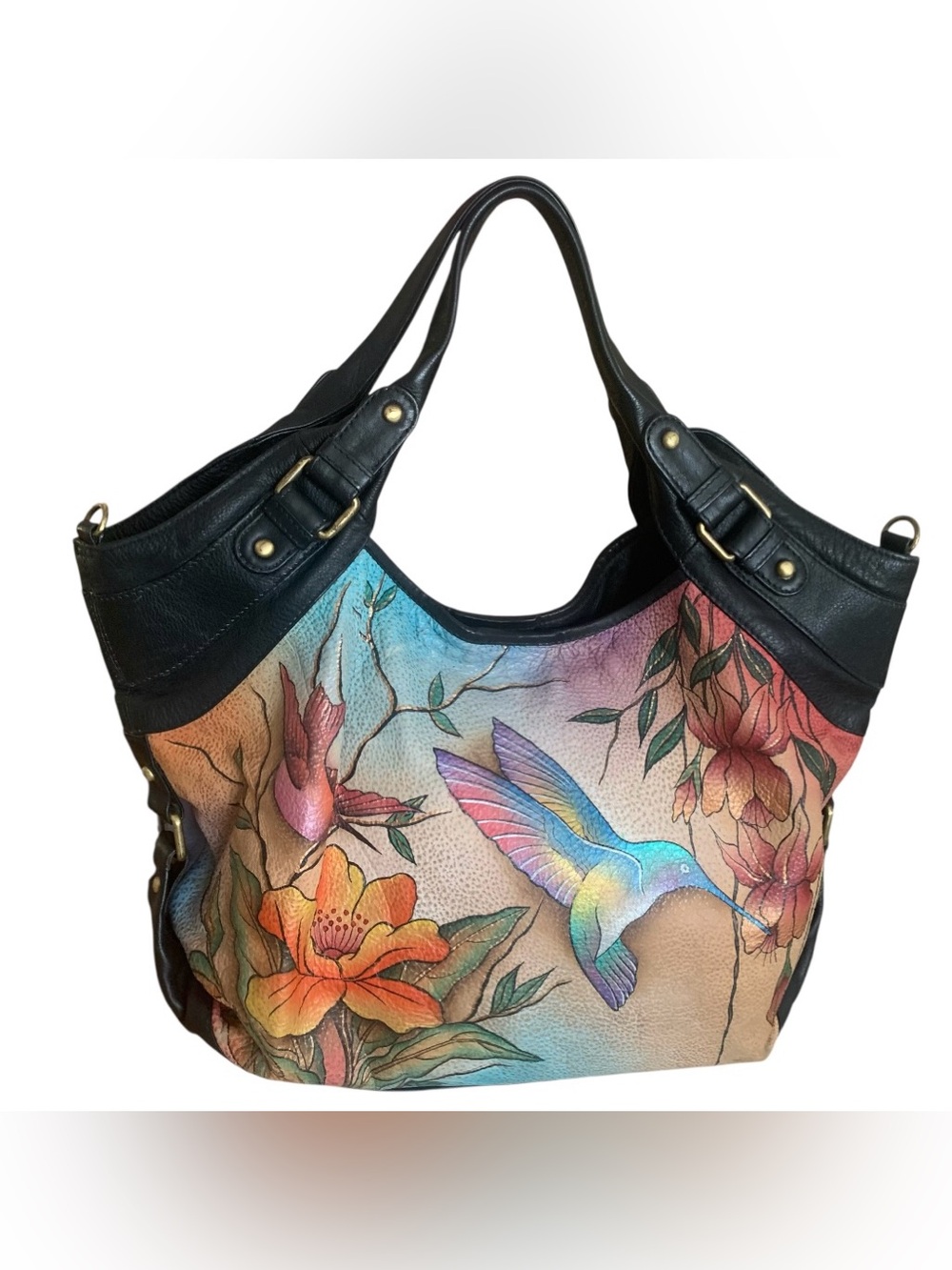 Anuschka Flying Jewels Hummingbird Floral Hand Painted On Leather Large Hobo Bag